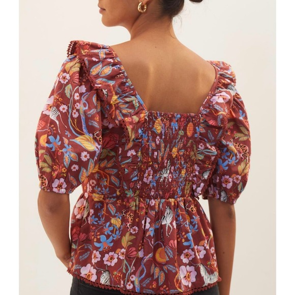 ANTHROPOLOGIE MAEVE Ruffled Tie Front Blouse Womens Small Red Floral Print - Picture 2 of 16